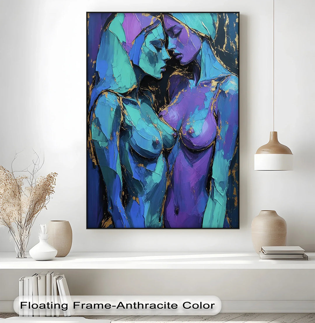 Electric Intimacy – Dual Female Figures in Blue and Violet Canvas Print - MyPhotoStation