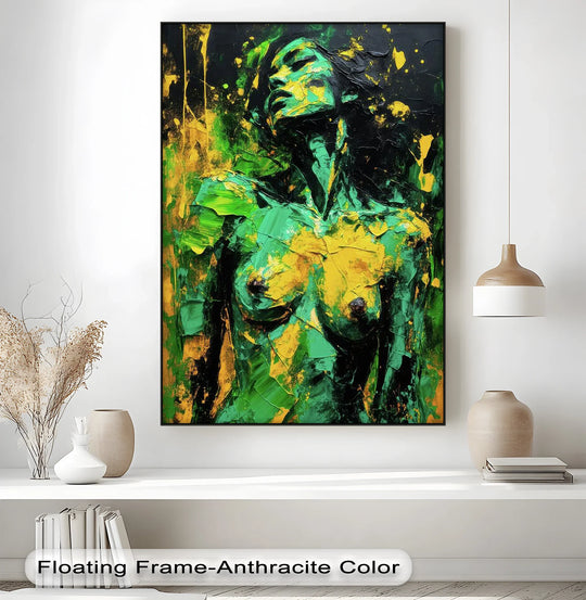 Verdant awakening **best canvas prints** showcase the organic forms of an abstract nude, where swirling greens and yellows create a powerful expression.