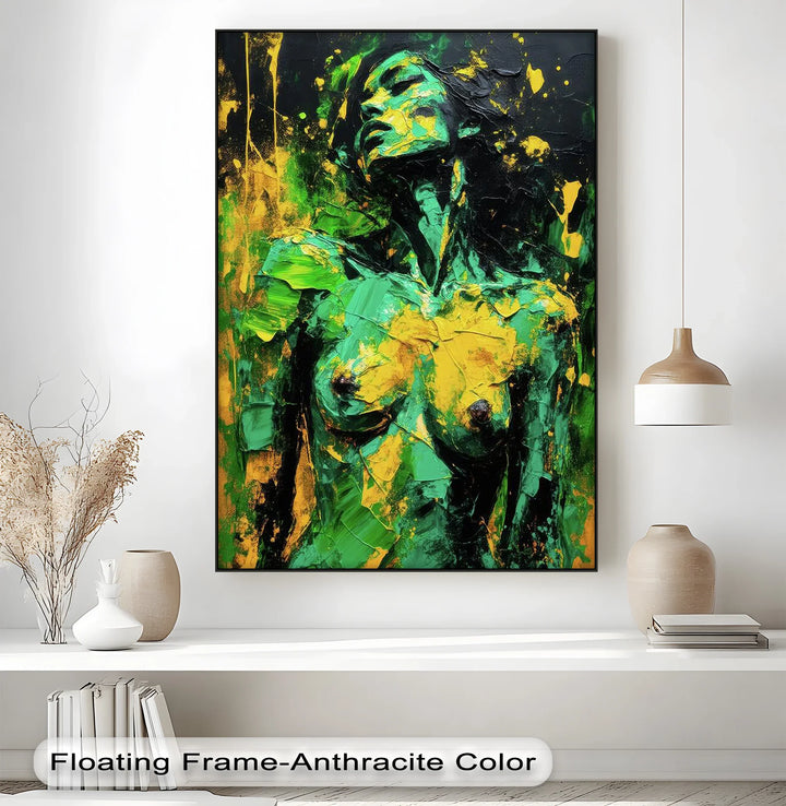 Verdant Awakening – Green and Yellow Abstract Nude Canvas Print - MyPhotoStation