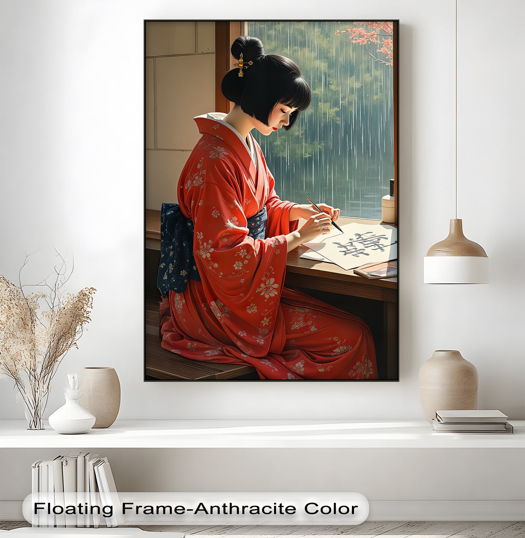 Graceful Serenity – Japanese Woman in Kimono Canvas Wall Art | Framed Art
