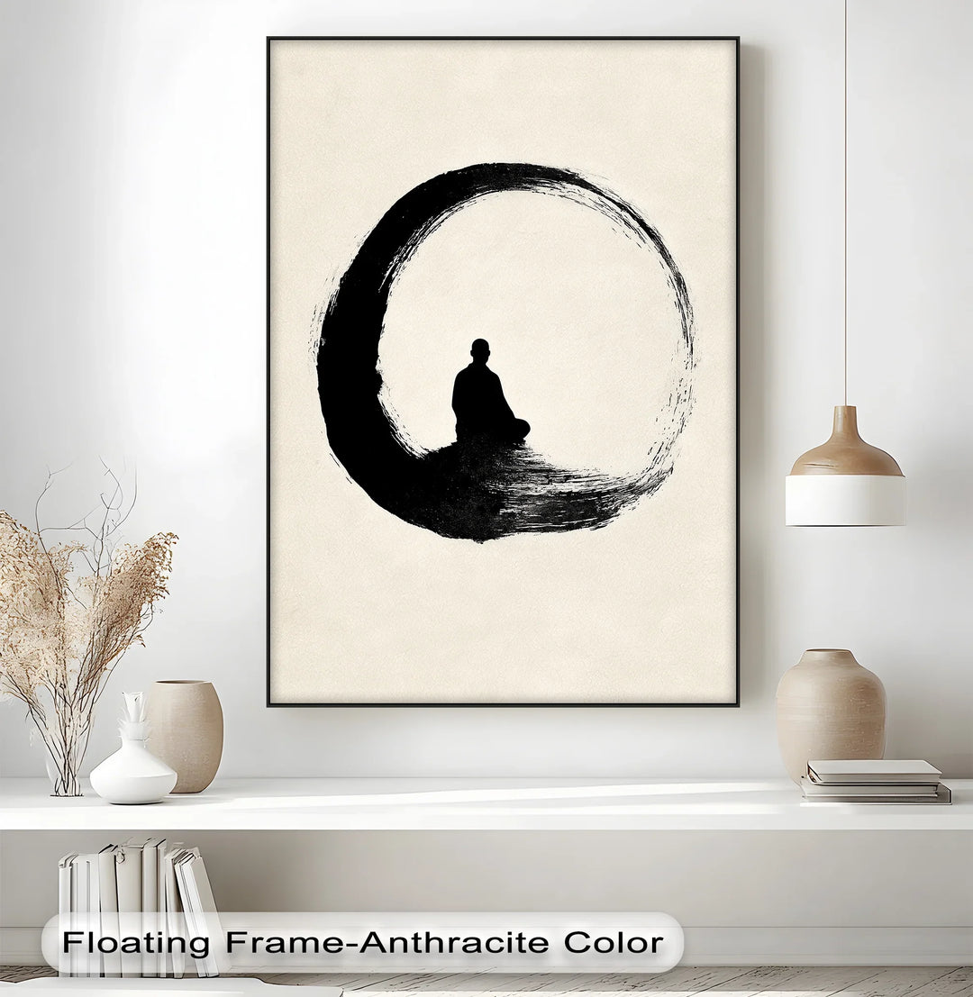 Zen Circle with Meditating Figure – Minimalist Japanese Ink Canvas Print - MyPhotoStation