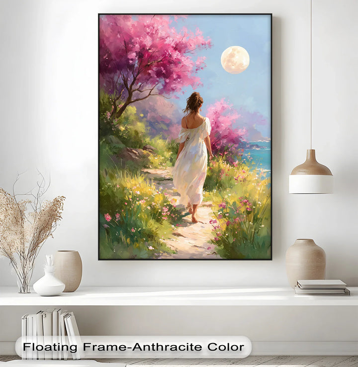 Moonlit Garden Stroll – Romantic Woman in Blossoming Landscape Canvas Print - MyPhotoStation