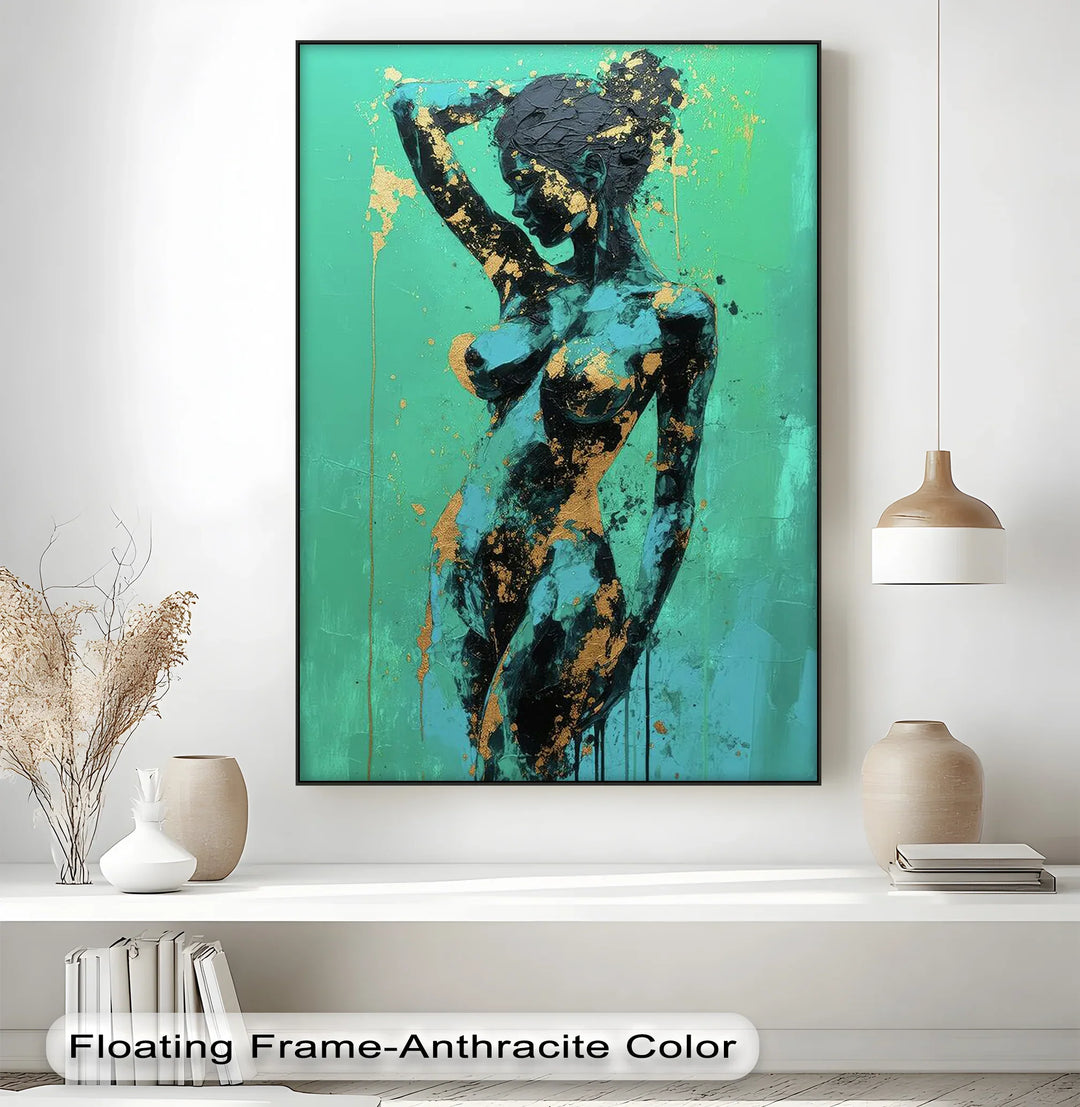Golden Muse – Teal and Gold Abstract Nude Canvas Print - MyPhotoStation