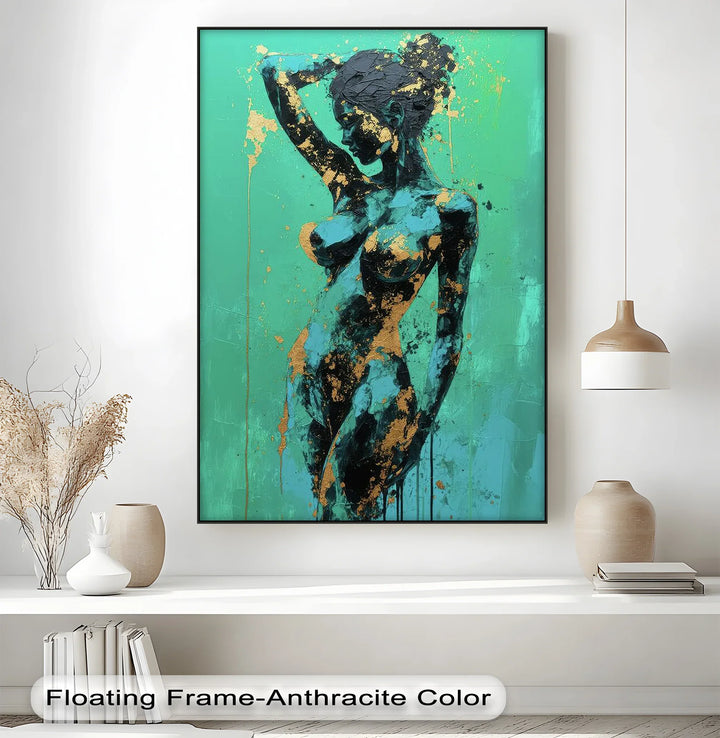 Golden Muse – Teal and Gold Abstract Nude Canvas Print - MyPhotoStation