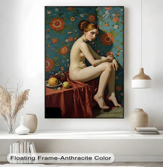 Revealing the abstract quality, the floral reverie canvas painting presents a seated nude figure amidst vintage flowers, transforming the erotic into artistic abstraction.
