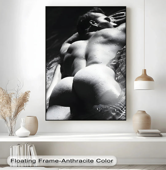 Alternating shades in this nude male form capture the transition of light as a striking canvas wall decor, embodying the sensual Aqua Poise.