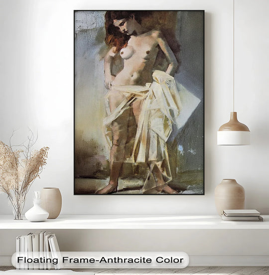 Negative space emphasizes the subject of this high quality canvas prints featuring a poised classical nude with a flowing golden veil in soft light.