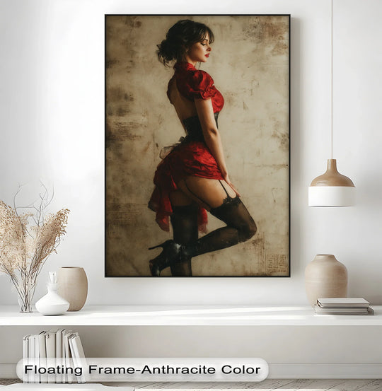 Subtle light and shadow enhance the dramatic form of this framed canvas 'Crimson Allure,' highlighting the bold contrast of the red corset and vintage seduction.