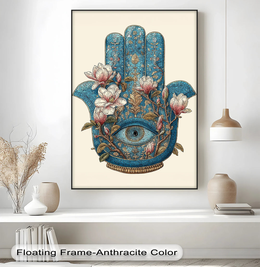 Sacred Hamsa Bloom – Blue Floral Hand with Eye Canvas Print - MyPhotoStation