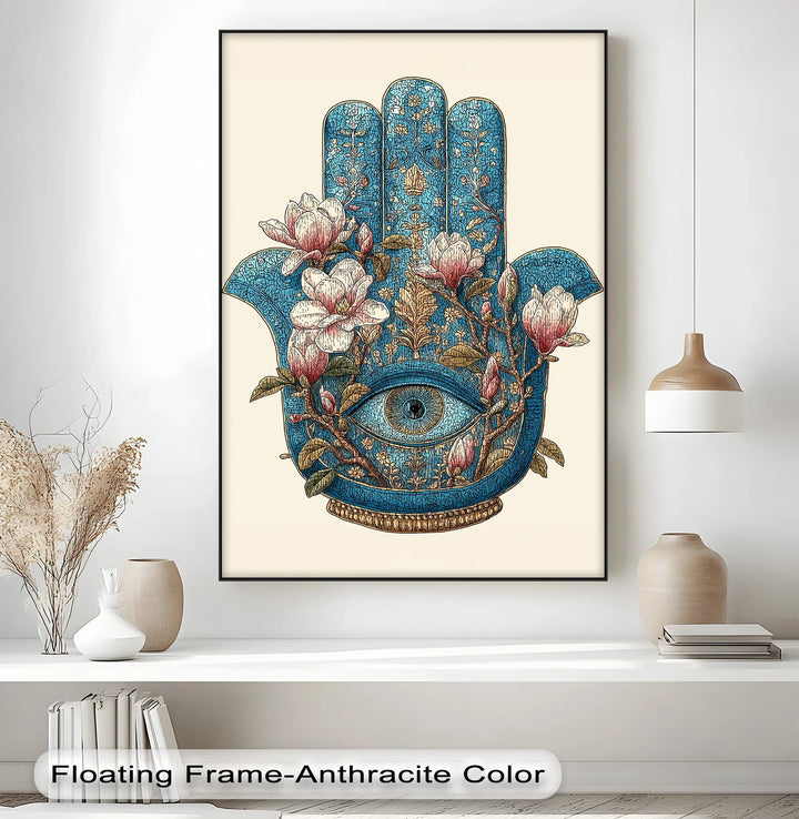 Sacred Hamsa Bloom – Blue Floral Hand with Eye Canvas Print - MyPhotoStation