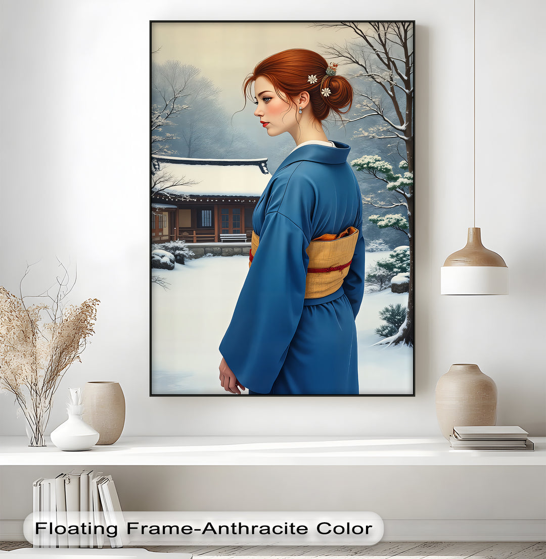 Winter Serenity – Japanese Woman in Blue Kimono Canvas Print | Framed Art