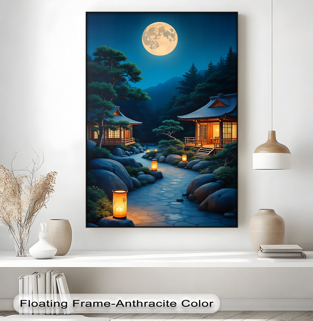 Moonlit Serenity – Japanese Zen Temple Canvas Wall Art | Framed Art