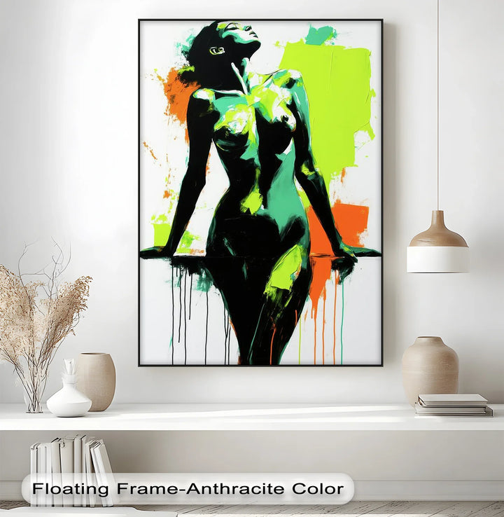 Electric Confidence – Neon Green and Black Abstract Nude Canvas Print - MyPhotoStation