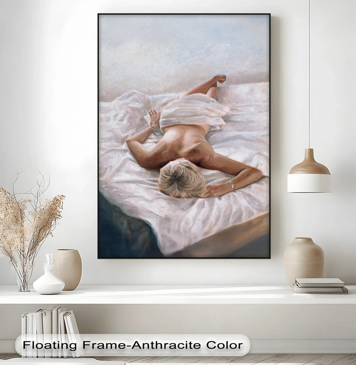 Quiet Morning – Reclining Nude on White Sheets Canvas Print - MyPhotoStation