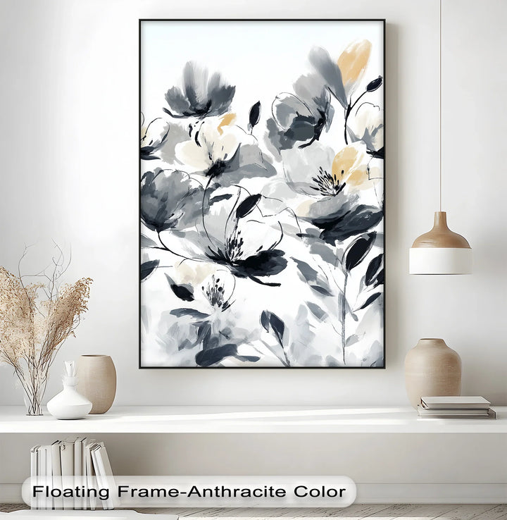 Monochrome Elegance – Black and Ivory Abstract Floral Canvas Print - MyPhotoStation