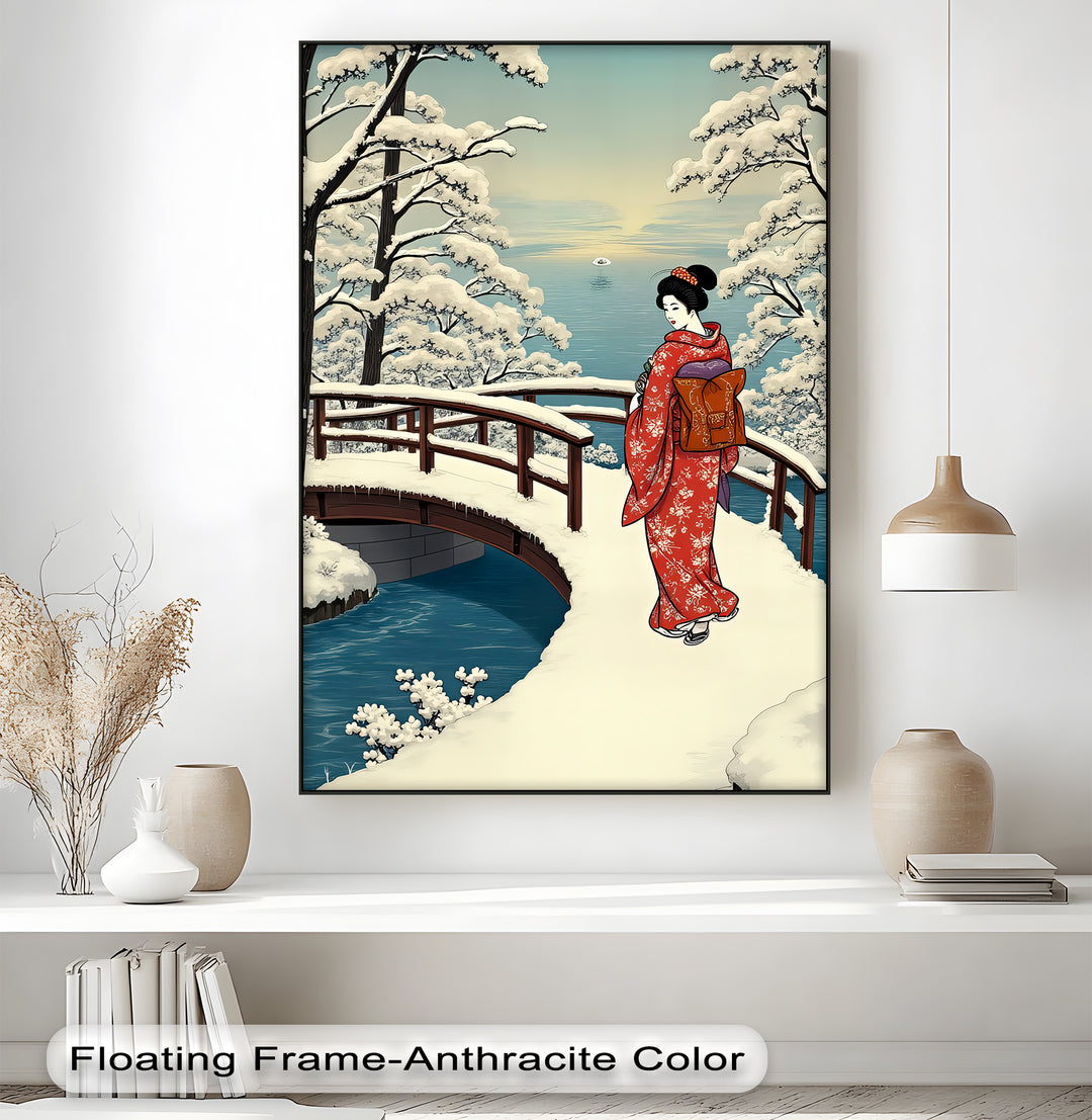 Snowy Bridge Serenity – Japanese Geisha Winter Canvas Print | Framed Art