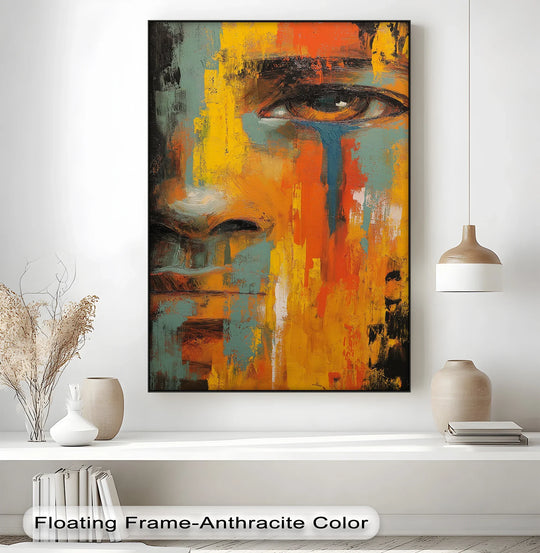 Vibrant canvas art prints showcase a textured abstract face with masterful brushstrokes conveying deep emotion and exceptional material quality.