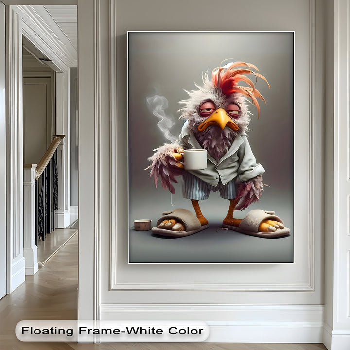 Negative space of white paneled walls and light wood floor surrounds the canvas artwork of a funny sleepy bird with coffee.