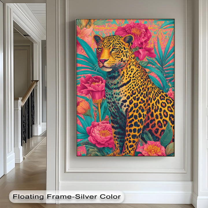 Regal Jungle Majesty – Vibrant Leopard in Floral Canvas Print