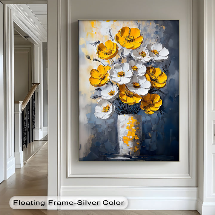 Sunlit Elegance – Yellow and White Poppies in Vase Canvas Print