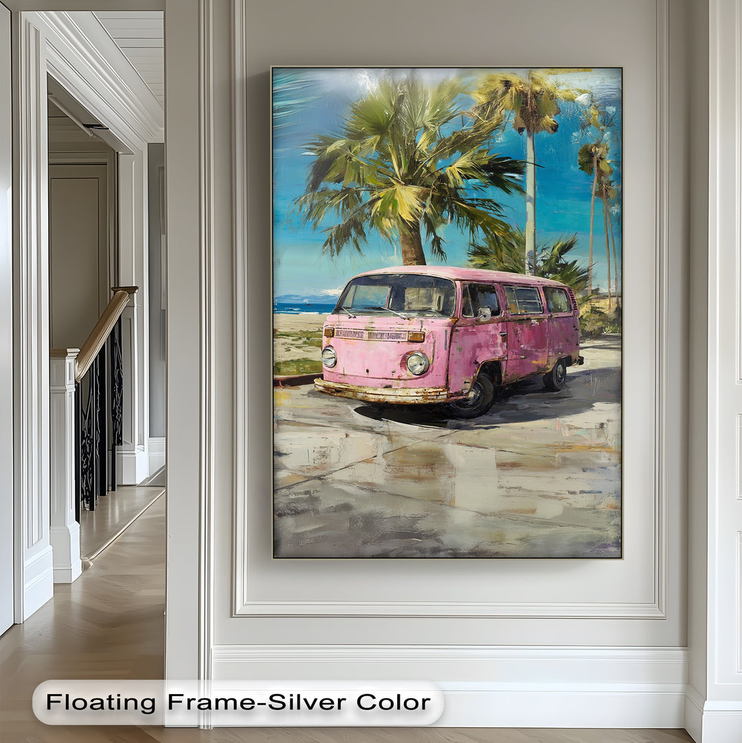 Pink Paradise Ride – Vintage Van by the Beach Canvas Print