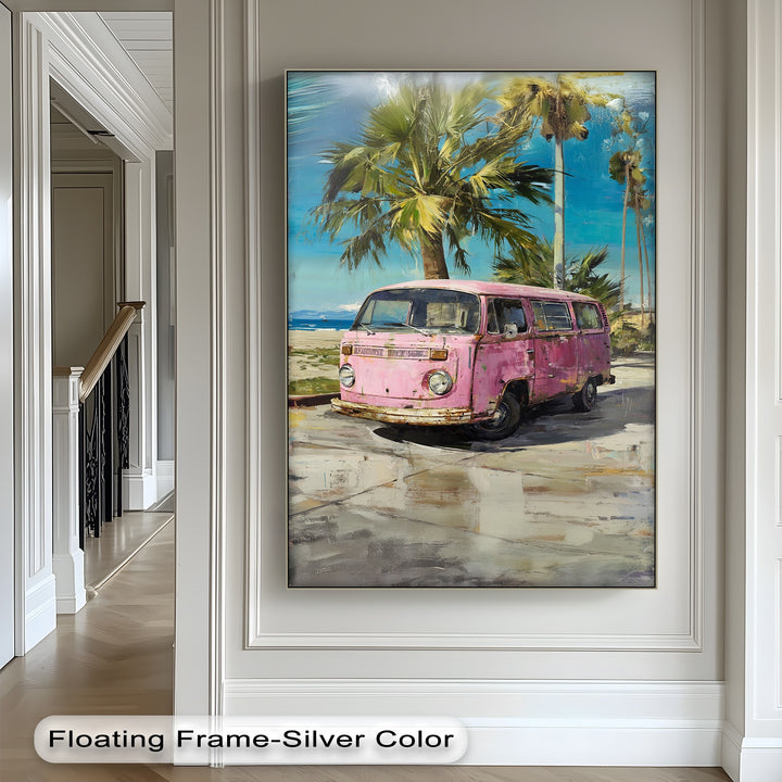 Pink Paradise Ride – Vintage Van by the Beach Canvas Print