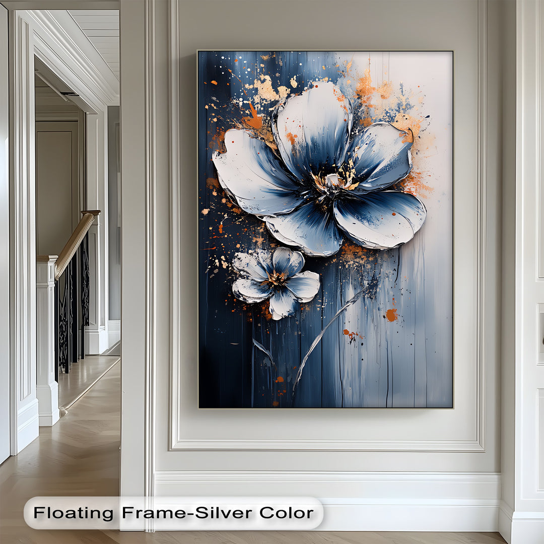 Electric Midnight Bloom – Blue and White Abstract Floral Canvas Print