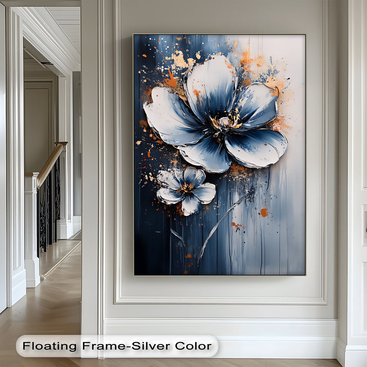 Electric Midnight Bloom – Blue and White Abstract Floral Canvas Print