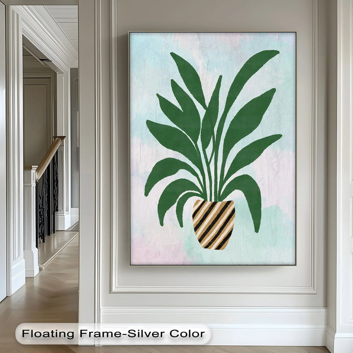 Striped Planter Botanical Art – Minimalist Green Leaf Canvas Print - MyPhotoStation