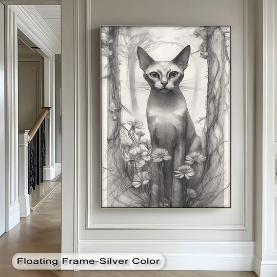 Elegant pencil-style cat in the enchanted woodland is the loudest element of this unique canvas print, creating a mystic forest watcher wall art piece.