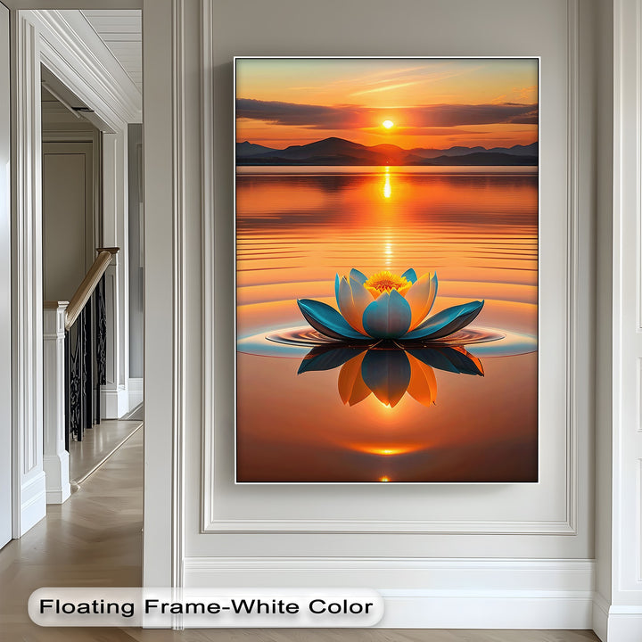 A captivating transition of vibrant sunset oranges reflecting on the tranquil lake to the serene teal and yellow lotus flower, ideal premium canvas decor.