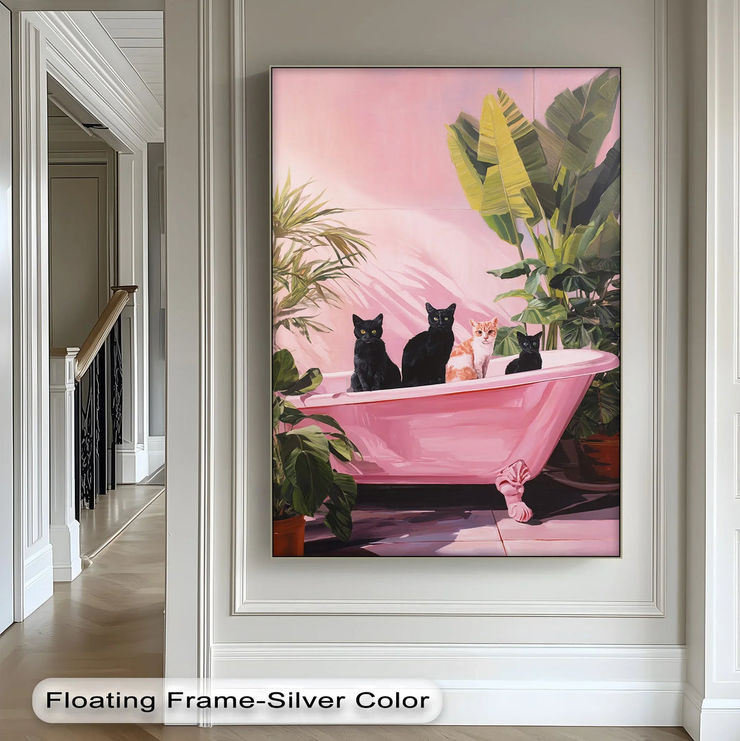 Four Cats in a Pink Bathtub – Playful Botanical Canvas Print - MyPhotoStation