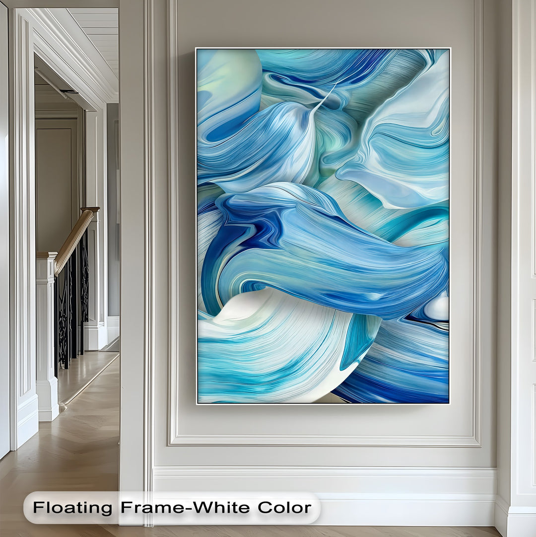 The smooth, undulating surface texture of this abstract ocean wave canvas painting creates fluid swirls of deep azure, turquoise, and white.