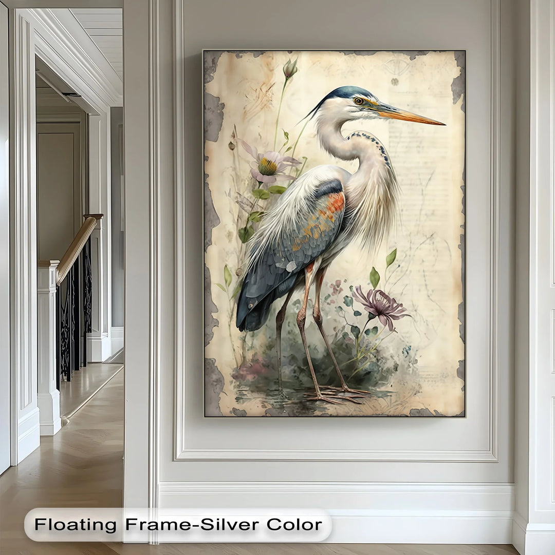 Graceful Heron Amid Wildflowers – Vintage Nature Canvas Print - MyPhotoStation