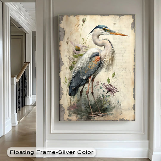 Graceful Heron Amid Wildflowers – Vintage Nature Canvas Print - MyPhotoStation