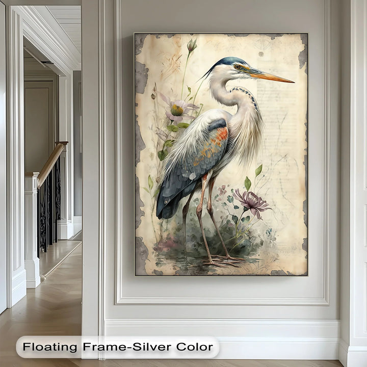 Graceful Heron Amid Wildflowers – Vintage Nature Canvas Print - MyPhotoStation
