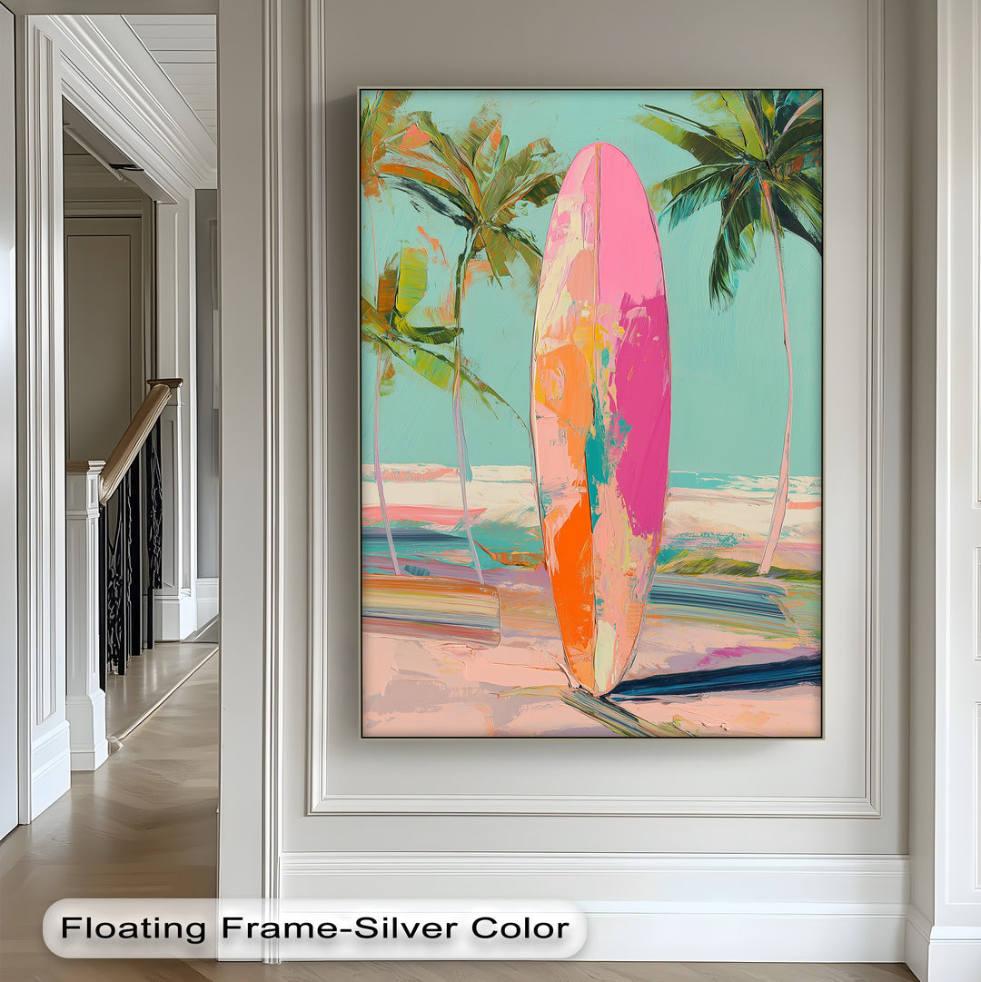 Sunset Ride – Vibrant Surfboard Beach Scene Canvas Print