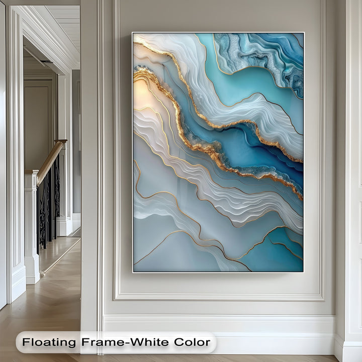 The focal point is a stunning premium canvas decor featuring luxury abstract turquoise agate and gold marble-like layers.