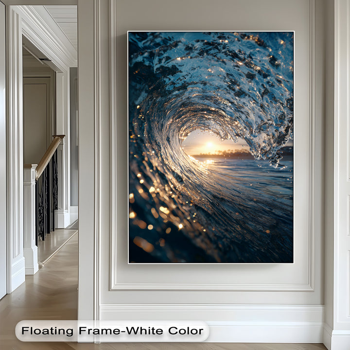 Capturing the majestic stillness of a curling ocean wave, this best canvas prints art showcases radiant sunset hues glistening through the water.
