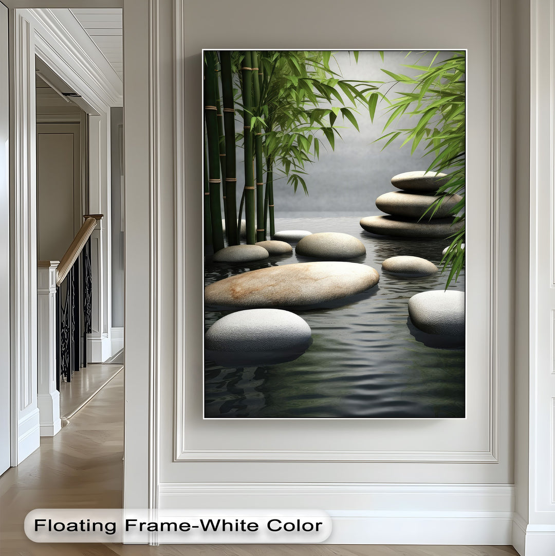 The crisp white floating frame provides a refined finish to this tranquil Bamboo Zen canvas pictures depicting lush bamboo and smooth zen stones.