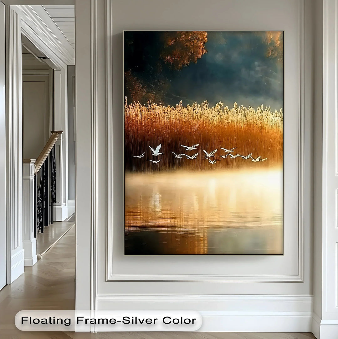 Golden Flight – Tranquil Birds at Sunset Canvas Print - MyPhotoStation