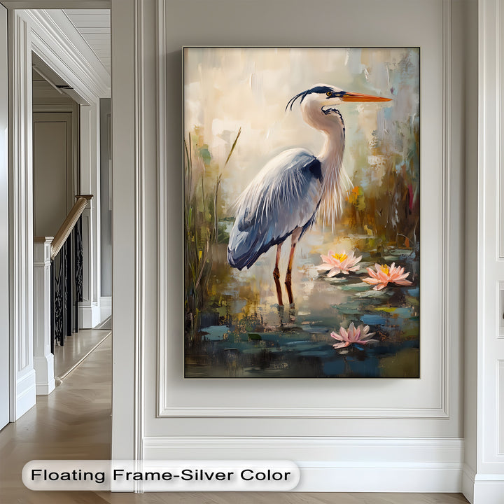 Graceful Heron Among Lilies – Serene Wildlife Canvas Print