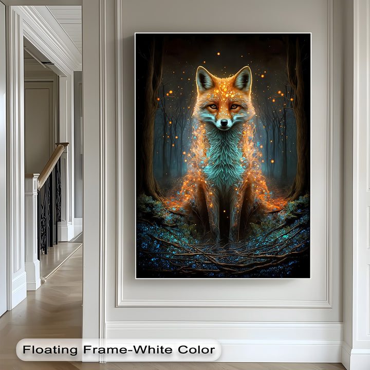 The airy, neutral hallway and pristine white wall create ample negative space around the fantasy mystic fox high quality canvas prints.