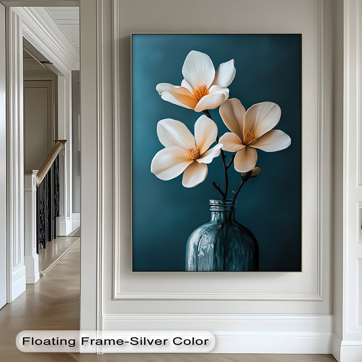 White Magnolia Trio in Teal – Elegant Floral Canvas Prints