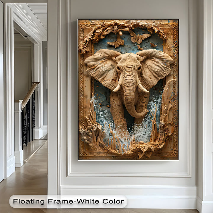 The abstract quality of this best canvas prints showcases a textural elephant head, organic forms, and dynamic water splashes within an ornate frame.
