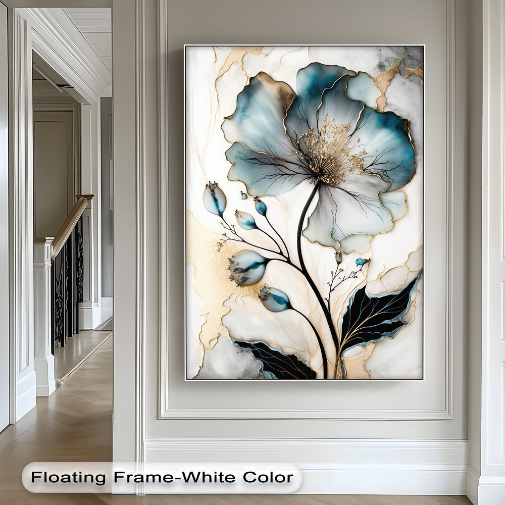 The unique canvas print highlights the sharp color contrast of a vibrant teal and gilded abstract flower against a serene white and grey background.