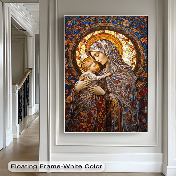 The darkest area reveals deep blue and rich red hues in this Stained Glass Madonna unique canvas print of Virgin Mary and Child.