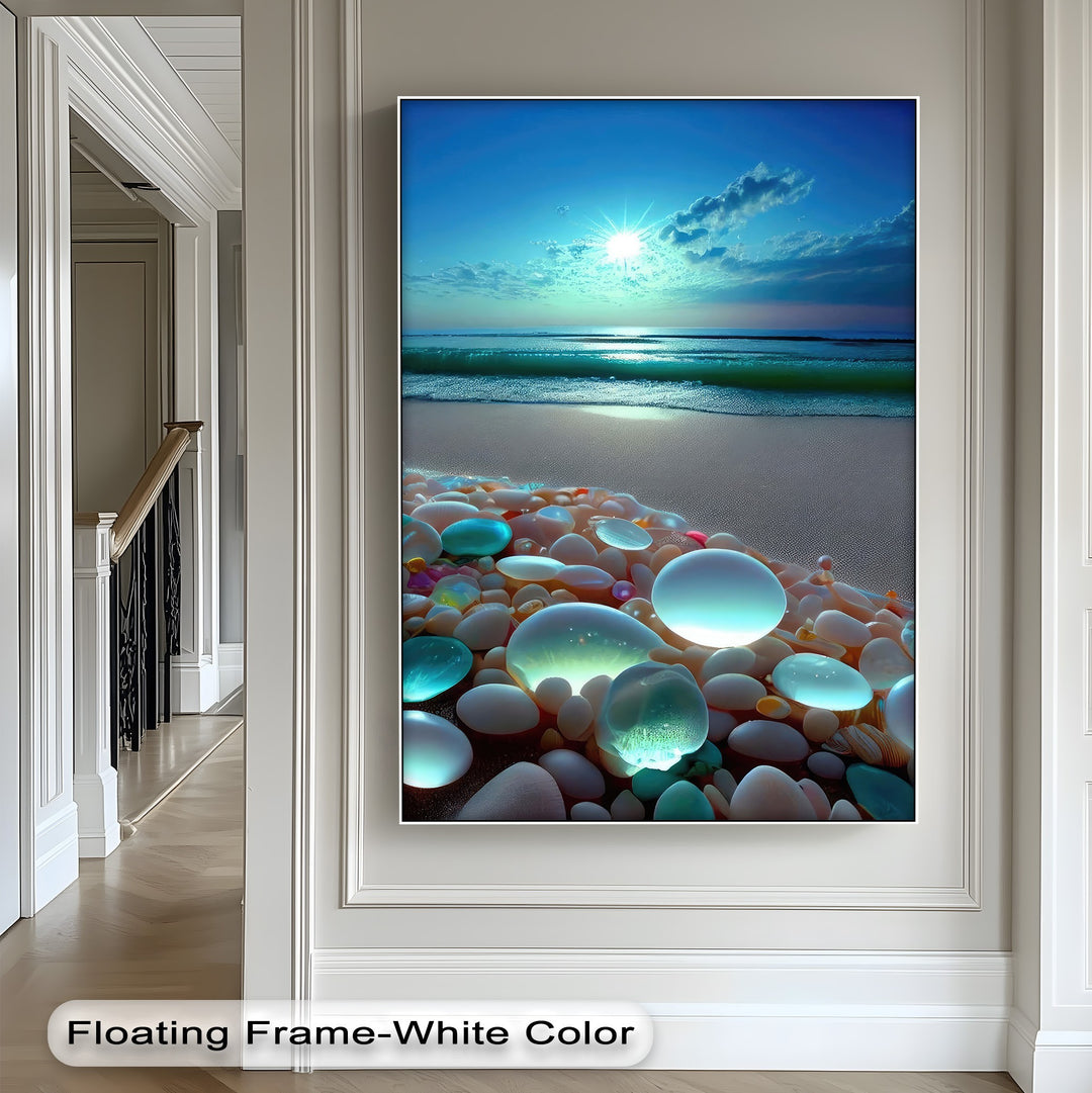 Vertical rectangular high quality canvas prints showcasing a radiant glowing pebble beach under a serene coastal sunset.