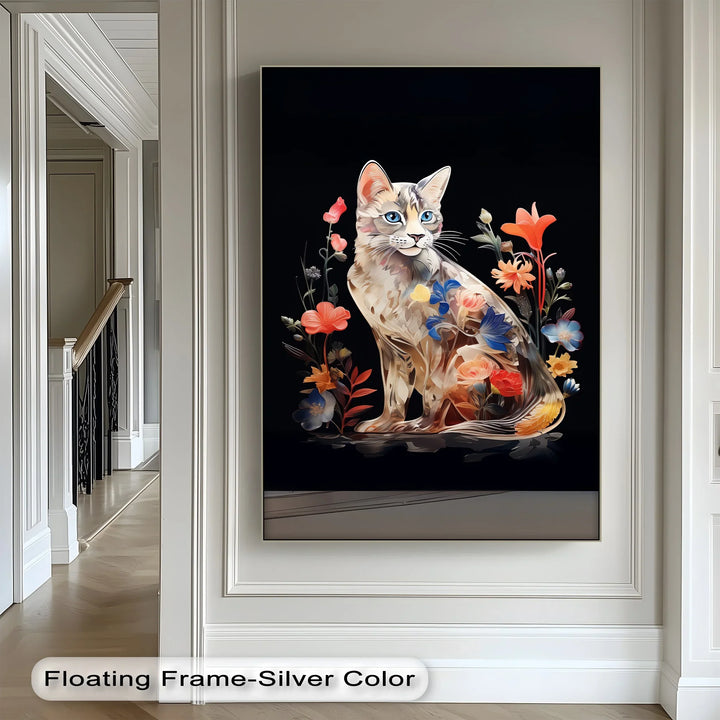 Botanical Gaze – Floral Patterned Cat with Blue Eyes Cat Canvas Print - MyPhotoStation