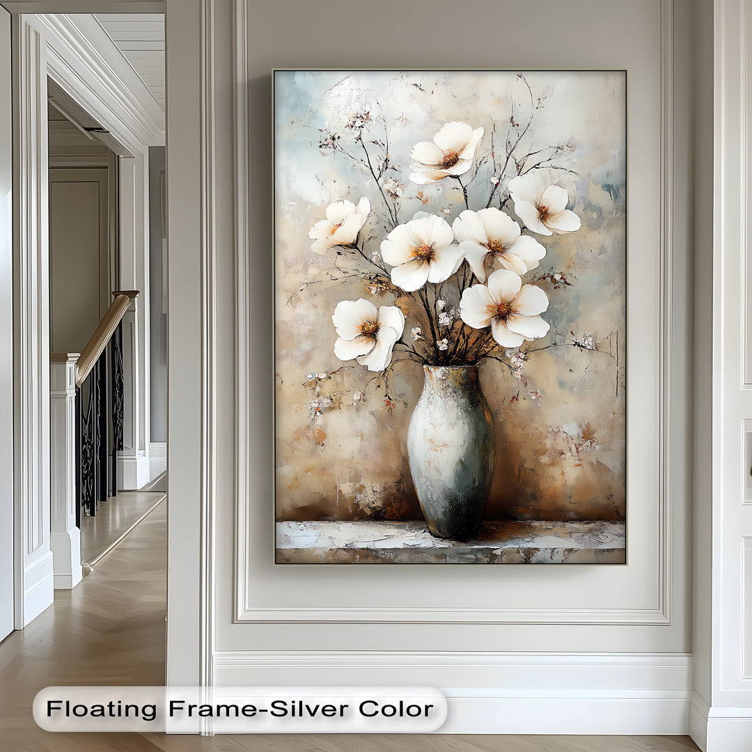Vintage Bloom Still Life – White Flowers in Vase Canvas Print